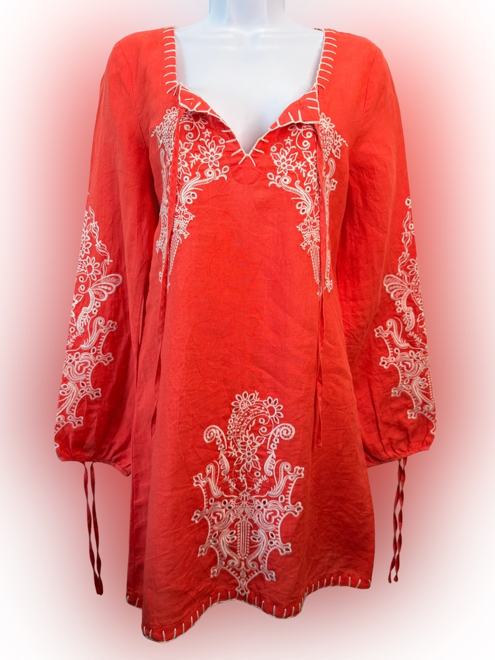 Monoreno 100% Linen Embroider Tunic Dress Coverup Small Coral Orange Boho Beach